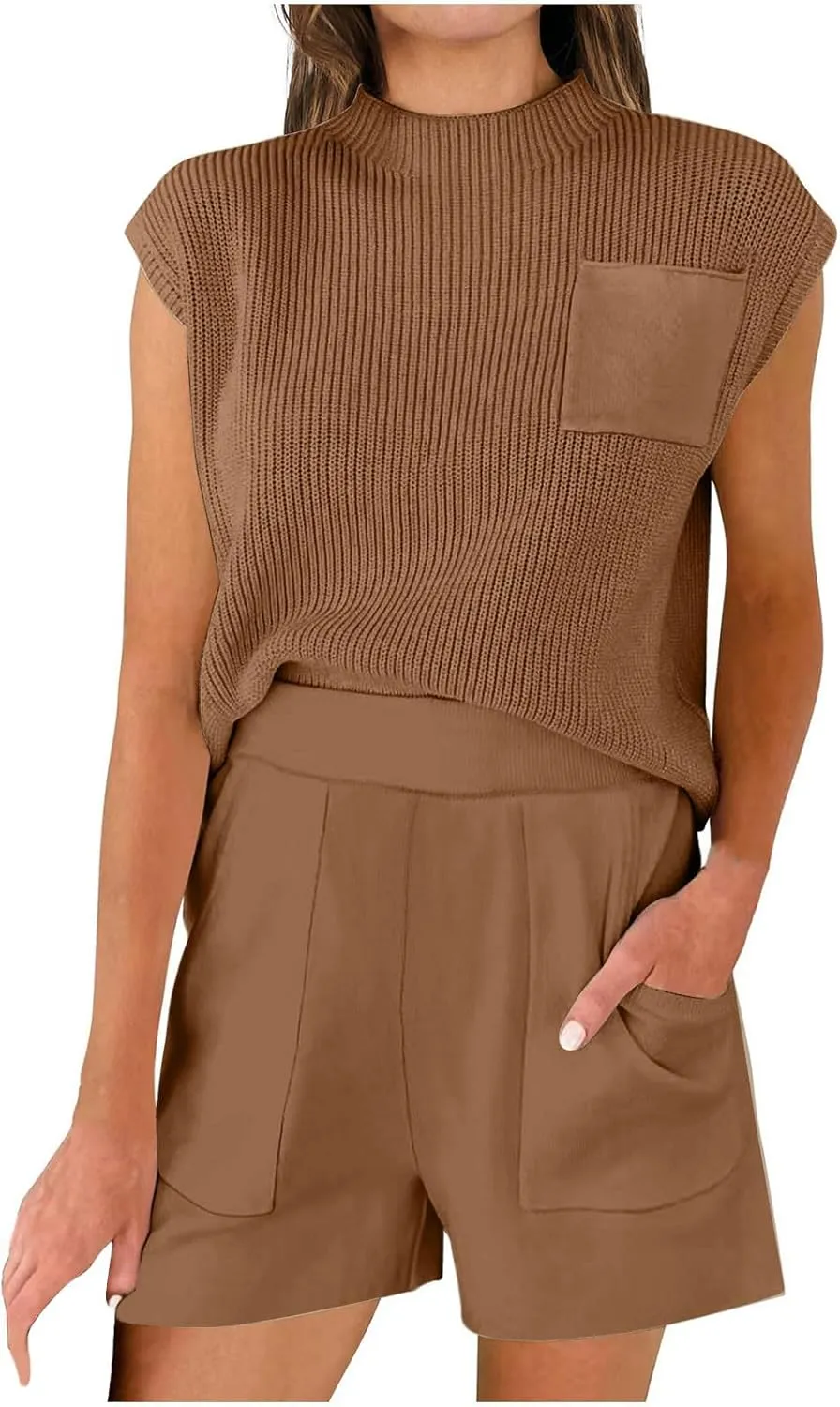 Women Summer 2 Piece Outfit Sleeveless Knit Top and Shorts Soft Lounge Set Travel Beach Sweatsuit 2025 Spring Clothes