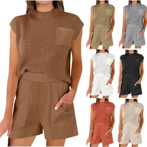 Women Summer 2 Piece Outfit Sleeveless Knit Top and Shorts Soft Lounge Set Travel Beach Sweatsuit 2025 Spring Clothes