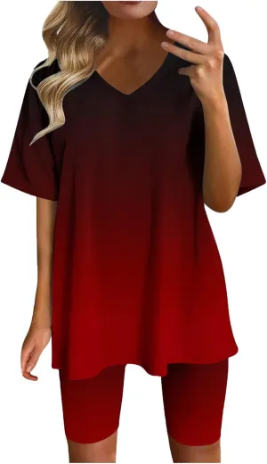 Womens 2 Piece Sets Summer Outfits 2025 Two Piece Lounge Set Matching V Neck T-Shirt Tops Biker Shorts Tracksuit