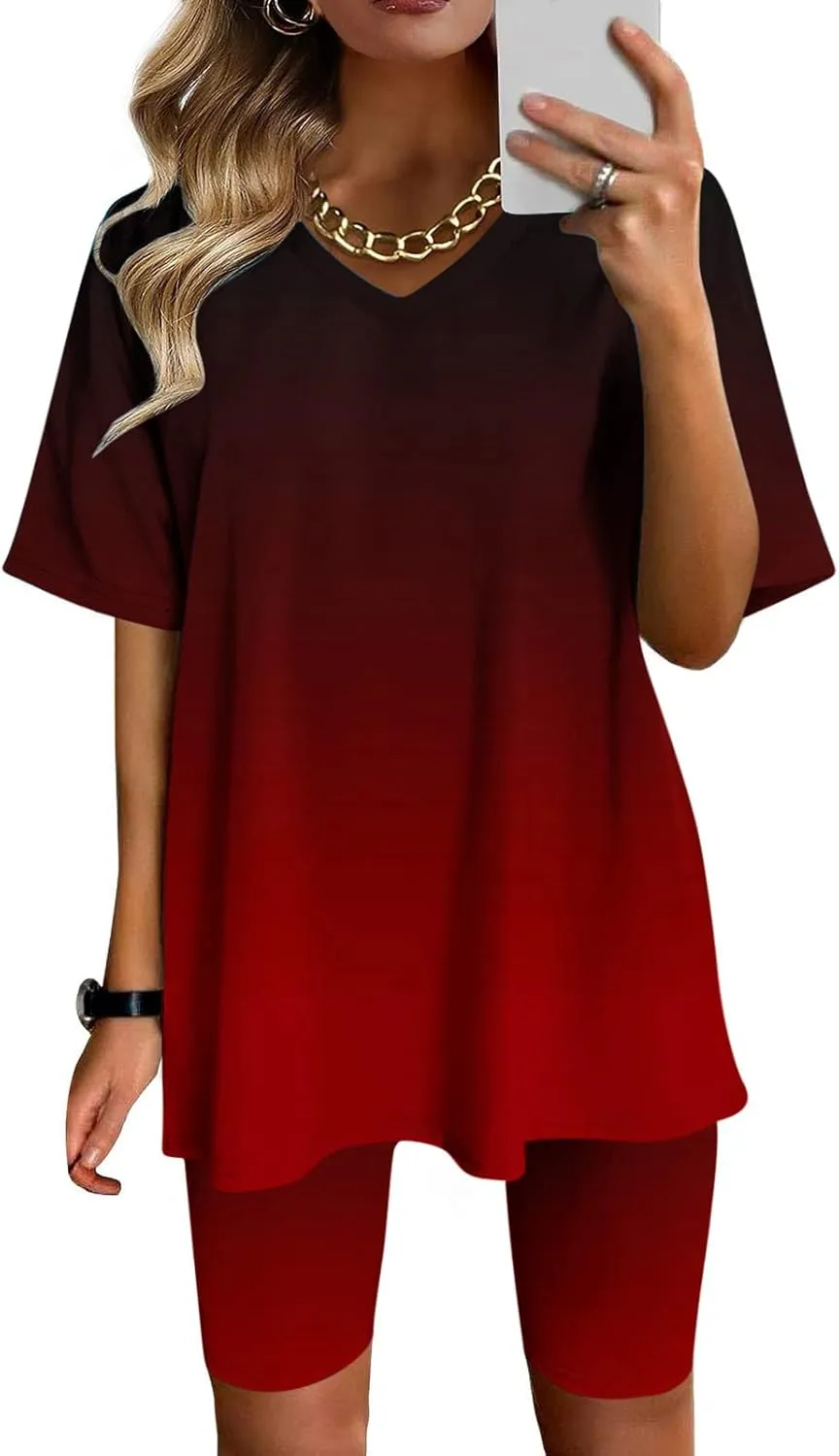 Womens 2 Piece Sets Summer Outfits 2025 Two Piece Lounge Set Matching V Neck T-Shirt Tops Biker Shorts Tracksuit