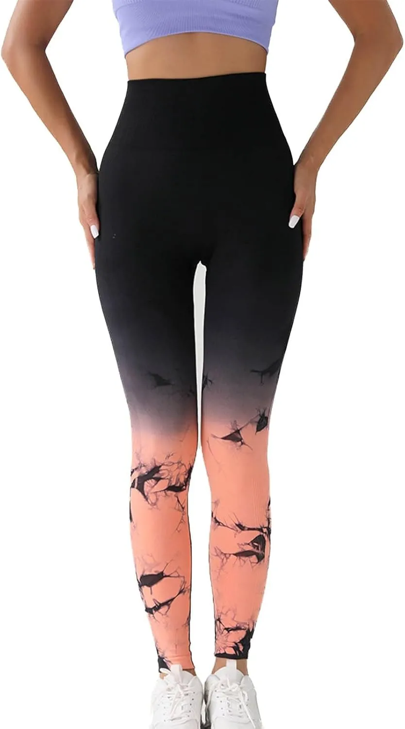 Womens Tie Dye Print Leggings, Fitness High Waist Tights Athletic Running Yoga Pants Seamless Compression Leggings