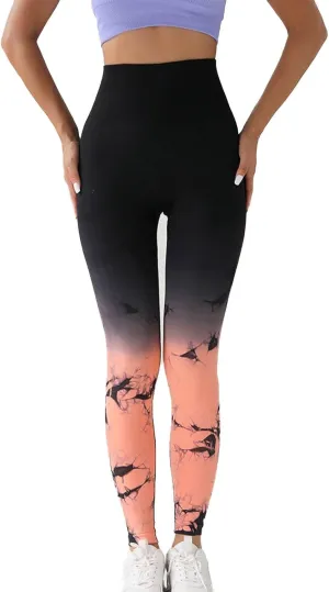 Womens Tie Dye Print Leggings, Fitness High Waist Tights Athletic Running Yoga Pants Seamless Compression Leggings